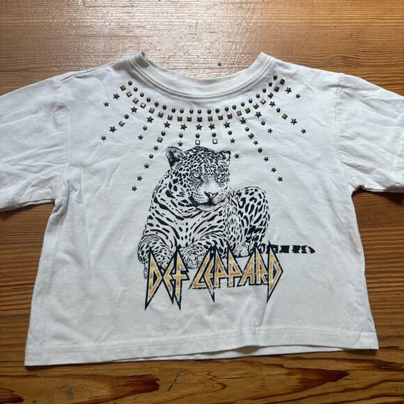 Def Leppard white studded cheetah girls short sleeve cropped shirt SIZE 6 - Picture 1 of 5